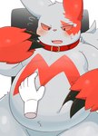 anthro belly belly_pinch blush claws clothing collar disembodied_hand duo embarrassed fupa fur gloves handwear markings overweight pink_eyes red_markings thick_thighs white_body white_fur ai_only_dream nintendo pokemon generation_3_pokemon pokemon_(species) zangoose hi_res