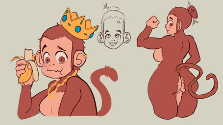 anthro banana big_forehead breasts brown_body brown_fur brown_hair butt crown eating female food fruit fur grey_background hair headgear looking_at_viewer plant simple_background small_waist smile solo tail wide_hips hangedc haplorhine mammal monkey primate 16:9 hi_res widescreen