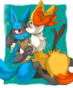 3_fingers 3_toes ambiguous_anthro ambiguous_gender anthro arm_tuft biped black_body black_fur black_nose blue_body blush blush_lines bodily_fluids border cheek_tuft chest_tuft cute_fangs dipstick_tail duo ellipsis emanata eye_contact eyebrows eyelashes facial_tuft fangs feet fingers fluffy fluffy_tail flying_sweatdrops fur hip_tuft hug inner_ear_fluff kneeling looking_at_another markings multicolored_body multicolored_fur nude_ambiguous nude_anthro object_in_tail open_mouth orange_body orange_eyes orange_fur orange_inner_ear_fluff orange_tail_tip pointy_ears prick_ears raised_inner_eyebrows red_eyes red_nose shoulder_tuft side_view simple_background sitting snout stick stick_in_tail sweat sweatdrop tail tail_markings teal_background teeth toes tongue tongue_out tuft two_tone_tail white_body white_border white_fur yellow_body yellow_fur yellow_tail izon448 nintendo pokemon braixen canid generation_4_pokemon generation_6_pokemon lucario mammal pokemon_(species) 2025 absurd_res colored digital_drawing_(artwork) digital_media_(artwork) hi_res shaded