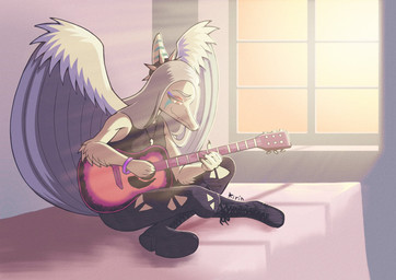 acoustic_guitar amber_eyes anthro bed bedroom black_bottomwear black_clothing black_jeans black_pants boots bottomwear bracelet claws clothing denim denim_bottomwear denim_clothing detailed_background elbow_feathers eyelashes eyeliner feathered_wings feathers female fingers footwear furniture grey_body grey_hair grey_scales guitar hair halter_top inside jeans jewelry long_hair makeup musical_instrument necklace on_bed pants playing_guitar playing_music plucked_string_instrument scales shoes sitting sitting_on_bed smile snout solo string_instrument text torn_bottomwear torn_clothing torn_jeans torn_pants wings kirinsart1 cavemanon_studios goodbye_volcano_high ko_op_(game_developer) snoot_game fang_(gvh) prehistoric_species pterosaur reptile scalie 2023 artist_name digital_drawing_(artwork) digital_media_(artwork) hi_res signature
