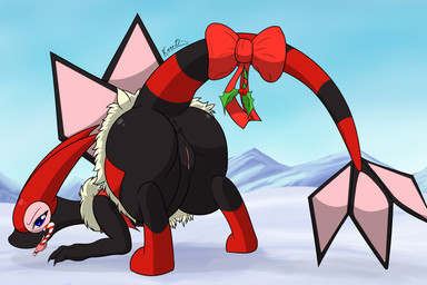 accessory alternate_color anus bent_over big_butt black_body black_skin blue_eyes bottomless bow_(feature) bow_accessory bow_ribbon butt candy candy_cane claws clothed clothing dessert digitigrade female feral food furgonomics genitals holidays looking_at_viewer looking_back membrane_(anatomy) membranous_wings mountain outside presenting presenting_hindquarters red_body red_skin ribbons robe snow solo tail tail_accessory tail_bow tail_ribbon text thick_thighs tongue tongue_out vulva wide_hips wings kuroodod christmas mythology nintendo pokemon fan_character kaida_(kataou) dragon flygon generation_3_pokemon mythological_creature mythological_scalie pokemon_(species) scalie 3:2 english_text hi_res signature