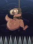 anthro big_butt bottomwear brown_body butt clothing crop_top female hanging_from_rope horn huge_butt huge_thighs loincloth red_eyes rope shirt solo spikes tail thick_thighs topwear sssonic2 piko_(simplifypm) kobold scalie hi_res