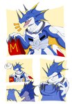 anthro blue_body cape claws clothing horn male paper_bag smile solo matrixdragonn bandai_namco digimon mcdonald's digimon_(species) kausgammamon scalie hi_res