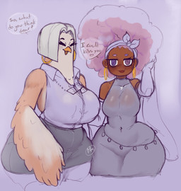 afro anthro beak big_breasts blonde_hair bottomwear breasts brown_body brown_skin clothed clothing curvy_figure dialogue dress duo ear_piercing ear_ring eyebrows eyelashes eyes_closed eyewear feather_hands feathers female fully_clothed glasses hair heart_symbol hoop_ear_ring huge_breasts looking_at_viewer miniskirt open_beak open_mouth open_smile piercing ring_piercing short_hair skirt smile speech_bubble spiral spiral_eyes text thick_thighs topwear vest voluptuous wide_hips masxi_32 octavia_(masxi_32) avian bird human mammal owl 2026 english_text hi_res