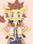 anthro blue_eyes bolo_tie bottomwear brown_body brown_fur brown_hair closed_smile clothed clothing fingers fully_clothed fur hair jacket kemono long_tail male mouth_closed pink_background shorts simple_background smile solo tail topwear vest yellow_body yellow_fur young dakuten junior_(dakuten) felid mammal 3:4 low_res