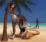 anthro beach blush bottomless breasts brown_hair chin_tuft claws clothed clothed_sex clothing cunnilingus detailed_background duo ear_piercing exhibitionism facial_hair facial_tuft female female/female genitals hair licking lips nipples nude off_shoulder one_breast_out oral outdoor_nudity outside_sex palm_tree partially_clothed piercing plant public public_nudity public_sex pussy red_hair sand sea seaside sex sex_on_the_beach summer swimwear tail tongue tongue_out tree tuft vaginal water totesfleisch8 chris_(totesfleisch8) dagmar_(totesfleisch8) taira_(totesfleisch8) kangaroo macropod mammal marsupial 2017 absurd_res hi_res smaller_version_at_source