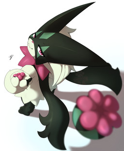 3_fingers ambiguous_gender biped bird's-eye_view fingers frill_(anatomy) fur green_body green_fur green_tail high-angle_view jagged_mouth kemono looking_at_viewer mask multicolored_body multicolored_fur neck_frill nude pawpads paws pink_eyes pink_nose pink_pawpads pupils scut_tail short_tail simple_background smile solo standing tail throwing_object two_tone_body two_tone_fur white_background suru56nee nintendo pokemon felid feline generation_9_pokemon mammal meowscarada pokemon_(species) 2026 colored digital_media_(artwork) full-length_portrait hi_res portrait shaded signature
