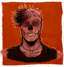 alternative_fashion black_clothing black_hair black_shirt black_tank_top black_topwear chain_necklace clothing eyebrow_piercing facial_piercing hair jewelry lip_piercing lock looking_at_viewer male missing_nose necklace necrosis new_vegas not_furry padlock padlock_necklace piercing punk red_background sharp_teeth shirt simple_background solo tank_top teeth topwear nuclearconsole fallout microsoft wu-yi_(nuclearconsole) ghoul_(fallout) humanoid english_description headshot_portrait portrait