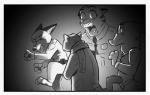 anthro canid canine canis clothed clothing comic dipstick_ears disney duo ear_markings eyes_closed felid female fox group male mammal monochrome multicolored_ears nick_wilde officer_fangmeyer officer_wolfard pantherine police police_uniform red_fox rockbottomfeeder sharp_teeth speech_bubble teeth text tiger tongue true_fox uniform wide_eyed wolf zootopia