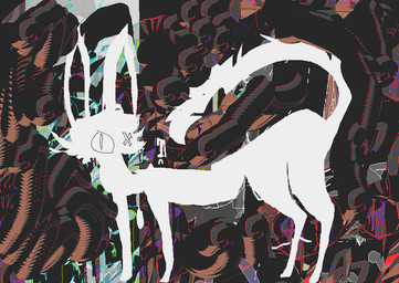 abstract_background ambiguous_gender asymmetrical_eyes feral fur monotone_body monotone_fur solo surrealism tail white_body white_ears white_fur white_tail naircat domestic_cat felid feline felis mammal 2017 digital_drawing_(artwork) digital_media_(artwork) full-length_portrait microsoft_paint_(artwork) portrait