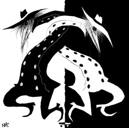 armless biped clothed clothing coat contrast duality duo hat headgear headwear long_neck looking_at_viewer male nightmare_fuel not_furry split_screen symmetry teeth topwear trenchcoat cruzbones spy_vs_spy eldritch_abomination monster black_and_white digital_media_(artwork) monochrome