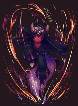 action_pose anthro asian_clothing axe brown_body brown_fur clothing fur glowing glowing_eyes hair holding_axe holding_object holding_weapon male open_mouth pose simple_background smile solo weapon white_hair trololohstuffs felid feline lynx mammal 2021 hi_res