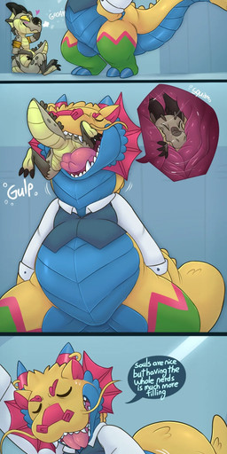 anthro belly big_belly clothing duo grey_body male oral_vore overweight shirt speech_bubble text topwear vore denaturedalbumin mythology dragon kobold mythological_creature mythological_scalie scalie 2022 absurd_res comic english_text hi_res