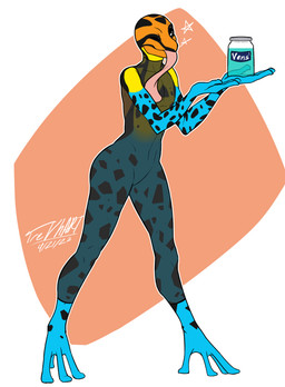 anthro barefoot black_bodysuit black_clothing black_skinsuit blue_body bodysuit clothing feet female long_tongue multicolored_body orange_body skinsuit tight_clothing tongue tongue_out yellow_body trevhart dendra_(snepkayz) amphibian frog 2023 hi_res