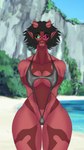 absurd_res beach big_breasts black_hair black_sclera breasts cliff_side clothed clothing curvy_figure demon female hair heterochromia hi_res horn hourglass_figure humanoid humanoid_pointy_ears marcy's_lewd_images multicolored_body mythlaia_(marcy's_lewd_images) plant red_body red_skin seaside shapeshifter skimpy skimpy_bikini succubus two_tone_body vitiligo
