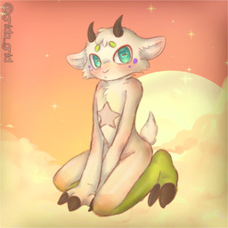 ambiguous_gender anthro blush border cloud fur green_body green_eyes green_fur hooves horn looking_at_viewer markings moon open_mouth short_tail shy sky solo star tail white_body white_border white_fur white_sclera young gnida_gnid bovid caprine goat mammal 1:1 hi_res