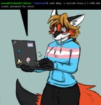 5_fingers anthro big_tail biped black_bottomwear black_claws black_clothing black_ears black_eyes black_eyewear black_glasses black_hands black_laces black_markings black_nose black_pants blonde_hair blue_clothing blue_hoodie blue_sweatshirt blue_topwear bottomwear breasts cheek_tuft claws clothed clothing coding command_prompt computer computer_keyboard countershade_face countershade_fur countershade_torso countershading dipstick_tail electronics eyewear facial_markings facial_tuft female finger_claws fingers flag flag_clothing fluffy fluffy_tail front_view fur fur_markings fur_tuft glasses green_text grey_background grey_text hair happy head_markings hitting_keyboard holding_computer holding_laptop holding_object hoodie humanoid_hands humor inner_ear_fluff laces laptop lgbt_pride long_hair looking_at_computer looking_at_laptop looking_at_object looking_down markings neck_tuft nerd onomatopoeia orange_body orange_fur pants pockets ponytail pride_colors programming programming_humor red_body red_fur round_glasses simple_background smile solo sound_effects standing sweatshirt tail tail_markings tan_hair tapping tapping_fingers technology text three-quarter_view topwear transgender_pride_colors tuft typing wearing_glasses white_body white_countershading white_fur white_inner_ear white_inner_ear_fluff white_laces white_markings white_text wide_eyed lennox arch_linux debian lenovo linux thinkpad tux_(linux) xenia_(linux) avian bird canid canine fox mammal penguin red_fox true_fox 2024 colored digital_drawing_(artwork) digital_media_(artwork) english_text hi_res line_art portrait shaded three-quarter_portrait trans_(lore) trans_woman_(lore)