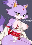 annoyed anthro asian_clothing big_breasts breasts clothed clothing dialogue dipstick_tail east_asian_clothing female forehead_gem gem japanese_clothing looking_at_viewer markings miko_outfit nipples partially_clothed partially_clothed_anthro partially_clothed_female purple_body side_boob solo tail tail_markings talking_to_viewer topwear yellow_eyes xabelha sega sonic_the_hedgehog_(series) blaze_the_cat domestic_cat felid feline felis mammal hi_res