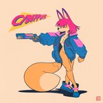 1:1 2023 anthro bottomless breasts canid canine cleavage clothed clothing coat conditional_dnp cybernetic_arm cybernetic_limb cybernetics cyberpunk cyberpunk_clothes cyborg english_text female footwear fox fox-pop fur gun hair handgun hi_res holding_gun holding_handgun holding_object holding_pistol holding_ranged_weapon holding_weapon jacket_only machine mammal mostly_nude orange_body orange_fur pink_eyes pink_hair pistol ranged_weapon red_fox shoes simple_background solo tan_background tan_body tan_fur text topwear true_fox weapon