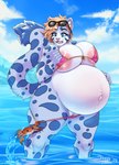 anthro areola areola_slip arm_markings belly big_belly big_breasts bikini blue_body blue_eyes blue_fur blue_markings blue_sky breasts clothing cloud duo eyebrow_piercing eyebrow_ring eyelashes eyewear eyewear_on_head facial_piercing female fur genitals glistening glistening_eyes hair huge_breasts humanoid_genitalia humanoid_vulva leg_markings markings navel open_mouth orange_body orange_hair outside partially_submerged piercing pink_areola pink_nose pink_tongue pregnant pregnant_anthro pregnant_female ring_piercing short_hair sky standing sunglasses sunglasses_on_head swimwear tail tail_markings tongue two-piece_swimsuit vulva white_body white_fur wide_hips tiggybloom keyarra_(draksha) arthropod crab crustacean decapod felid malacostracan mammal 2024 dated hi_res