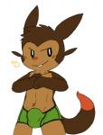 action_pose anthro black_seam_briefs black_seam_underwear briefs bulge clothing colored_seam_underwear fist_in_palm green_briefs green_clothing green_underwear grin male pose smile solo underwear oob nintendo pokemon chespin generation_6_pokemon pokemon_(species)