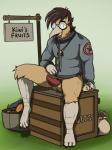 anthro bodily_fluids bottomless clothed clothing coin_purse crate erection eyewear food fruit genital_fluids genitals glasses male money_bag penis plant precum sign solo arrwulf avian bird kiwi_(bird) ratite 2017 3:4 hi_res