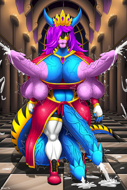 anthro balls banner big_balls big_breasts big_penis bodily_fluids boots breasts candle checkered checkered_floor cleavage clothed clothing column crown cum cum_on_ground cumshot dicknipple_balls dicknipples ejaculation footwear genital_fluids genitals gloves green_eyes gynomorph handwear headgear horn huge_balls huge_breasts huge_penis hyper hyper_balls hyper_breasts hyper_genitalia hyper_lips hyper_penis ineffective_clothing inside intersex jewelry legwear lips looking_at_viewer magenta_hair multi_genitalia multi_penis necklace penis plunging_neckline red_clothing red_robe robe shoes smile solo tail thick_lips thick_tail thick_thighs thigh_highs throne_room unusual_anatomy unusual_genitalia_placement unusual_penis_placement vein veiny_balls veiny_breasts veiny_penis walking walking_towards_viewer ahkvenir mythology ahkvenir_serrana dragon mythological_creature mythological_scalie scalie 2:3 absurd_res hi_res herm_(lore)
