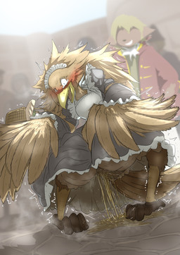 anthro aristocrat basket beak blush bodily_fluids bread brown_body brown_feathers clothed clothing cobblestone container crouching desperation duo faceless_character feathered_wings feathers feet female food genital_fluids grin groceries holding_basket holding_container holding_object kemono knock-kneed maid_uniform omorashi open_beak open_mouth outside peeing public smile talons tears toes town uniform urine urine_pool wetting winged_arms wings mttbsmn avian bird mammal absurd_res hi_res