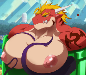 anthro areola big_muscles big_nipples big_pecs blonde_hair bound countershading hair huge_muscles huge_nipples huge_pecs hyper hyper_muscles hyper_pecs male muscular muscular_male nipple_fetish nipple_penetration nipple_play nipples non-mammal_nipples nude pecs penetration pipe solo teeth tentacles magangz monster_(game) mythology delga dragon mythological_creature mythological_scalie scalie