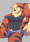 abs absurd_res adios anthro anthrofied arcanine armpit_hair biceps biped black_body black_fur black_nose blonde_eyebrows blonde_pubes blue_clothing blue_eyes blue_underwear body_hair bulge canid canine clothed clothing colored detailed_bulge eyebrows fluffy fluffy_tail fur generation_1_pokemon hand_on_head happy_trail hi_res humanoid_hands male mammal multicolored_body multicolored_fur muscular muscular_anthro muscular_male muscular_thighs navel nintendo nipples orange_body orange_fur pecs pokemon pokemon_(species) pubes red_nipples simple_background solo tail thick_eyebrows triceps underwear underwear_only yellow_armpit_hair yellow_body yellow_fur yellow_tail