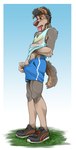 anthro athletic athletic_anthro athletic_male athletic_wear biped blue_background blue_bottomwear blue_clothing blue_shirt blue_shorts blue_tank_top blue_topwear blush bodily_fluids border bottomwear brown_eyes chin_tuft clothed clothing erection_under_bottomwear facial_tuft fur genital_fluids grass grey_body grey_fur grey_hair gym_bottomwear gym_shorts hair hand_under_shirt heat_(temperature) male pink_nose pink_tongue plant plantigrade precum precum_string precum_through_bottomwear precum_through_shorts running_shoes shirt shorts simple_background solo sweat tank_top tongue tongue_out topwear tuft white_border jackaloo mark_(jackaloo) canid canine canis domestic_dog mammal 2023 absurd_res hi_res