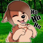 1:1 anonymous_artist anthro brown_body brown_fur canid canine canis domestic_dog english_text fangs female fur heart_symbol herding_dog laugh mammal open_mouth pastoral_dog reaction_image sagezilla solo teeth telegram_sticker text welsh_corgi