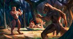 5_fingers anthro barefoot clothed clothing day detailed_background digitigrade feet female fingers forest group horn male muscular muscular_anthro muscular_male outside plant skimpy skimpy_loincloth skimpy_underwear slim slim_anthro slim_female smile standing topless tree bonifasko antelope bovid canid canine canis felid gazelle lion mammal pantherine wolf 2018 digital_media_(artwork)