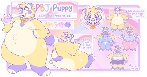 anthro belly clothing collar collar_only eyewear gesture glasses male markings nipples nude overalls overweight pawpads pear-shaped_figure purple_markings round_nose smile solo sportswear sweater text topwear waving wide_hips yellow_body mushpuppy bird_dog canid canine canis domestic_dog golden_retriever hunting_dog mammal retriever english_text hi_res model_sheet