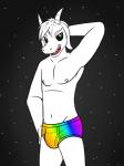 anthro black_sclera briefs briefs_only bulge clothed clothing fangs fur green_eyes hair hand_behind_head hand_on_hip horn long_ears male multicolored_clothing multicolored_underwear nipples open_mouth rainbow rainbow_briefs rainbow_clothing rainbow_underwear simple_background smile solo teeth topless underwear underwear_only white_body white_fur white_hair fuze undertale undertale_(series) asriel_dreemurr_(god_form) boss_monster_(undertale) bovid caprine mammal 2015 3:4 hi_res