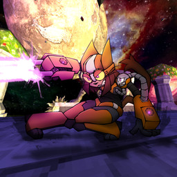 1_eye anthro armor brown_hair carrying_another cat_nose cat_tail duo eyewear female fur futuristic_armor glowing glowing_eyes goggles hair headgear helmet laser laser_beam machine male on_shoulder orange_armor orange_helmet planet pointy_ears power_armor purple_eyes purple_laser screencap screencap_background shooting shooting_gun shoulder_length_hair space tail tan_body tan_fur tube whiskers wrist_gun howyabenn gameoverse glitch_productions new_blood_interactive ultrakill kaboodle_(gameoverse) kit_bodega domestic_cat felid feline felis mammal robot 1:1 2026 digital_drawing_(artwork) digital_media_(artwork) hi_res watermark