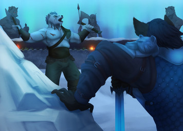 anthro axe battle_axe duo fight fighting_ring holmgang male melee_weapon sword vikingstyle warrior weapon dansats north bear canid canine canis hybrid mammal polar_bear ursine wolf absurd_res hi_res