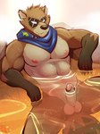 abs anthro bath bathing biceps brown_body brown_fur erection fur genitals gloves_(marking) hot_spring humanoid_genitalia humanoid_penis male markings muscular nipples nude onsen pecs penis scar solo tail water white_eyes ventkazemaru epic_games fortnite hajime_(fortnite) canid canine mammal raccoon_dog tanuki hi_res