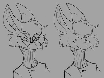 anthro bedroom_eyes big_ears cheek_tuft clothing collared_shirt constricted_pupils dress_shirt eyewear facial_tuft female glasses head_tuft long_neck looking_at_viewer narrowed_eyes pointy_ears pupils round_nose seductive shirt simple_background small_pupils smile snout solo sweater topwear tuft turtleneck wearing_glasses lenyavok charlotte_(lenyavok) bat mammal bust_portrait digital_drawing_(artwork) digital_media_(artwork) monochrome portrait sketch