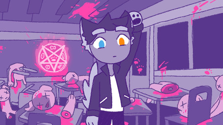 ambiguous_gender anthro black_bottomwear black_clothing black_hair black_jacket black_pants black_pawpads black_topwear blep blood blood_splatter blue_eyes bodily_fluids bottomwear chair clothed clothing corpse death decapitation dismemberment ears_up floppy_ears folded_ears footprint fur furniture gore grey_body grey_fur group hair heterochromia jacket magic magic_circle male noseless orange_eyes pants pawpads pawprint raised_arm raised_tail school shirt table tail tongue tongue_out topwear white_clothing white_shirt white_topwear x_eyes 90percentdenny 90_percent_studios purrfect_apawcalypse sparky_fritz canid canine canis domestic_dog husky mammal nordic_sled_dog spitz 16:9 2020 hi_res official_art widescreen