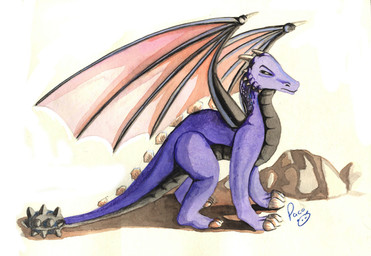 ambiguous_feral ambiguous_gender black_body feral horn logo membrane_(anatomy) membranous_wings mouth_closed narrowed_eyes pink_wings purple_body rock side_view simple_background solo wings pandapaco european_mythology mythology dragon mythological_creature mythological_scalie scalie western_dragon artist_logo signature