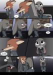 2017 absurd_res anthro belt blush bulletproof_vest canid canine car clothed clothing comic dialogue dipstick_ears disney duo english_text eye_contact eyes_closed female fox hi_res inside_car judy_hopps lagomorph leporid looking_at_another male mammal motor_vehicle multicolored_ears nick_wilde police police_uniform police_vehicle rabbit red_fox seatbelt sitting speech_bubble suv text true_fox uniform utility_belt vehicle yitexity zootopia