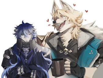 alcohol alternate_species anthro beverage blonde_hair clothing duo fur furrification hair male male/male pale_body purple_hair standing yellow_body yellow_fur zackusy genshin_impact mihoyo flins_(genshin_impact) varka_(genshin_impact) canid canine canis mammal mustelid musteline true_musteline weasel wolf hi_res