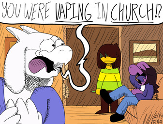 bodily_fluids crying female furniture inside laugh nervous sofa tears vape_pen di-fl deltarune undertale_(series) kris_dreemurr susie_(deltarune) toriel_(deltarune) nonbinary_(lore)