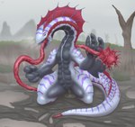 breath crouching dripping female feral fog genitals long_tongue looking_at_viewer open_mouth outside pussy solo swamp tail thick_tail thick_thighs tongue tongue_out unusual_anatomy unusual_tongue testowepiwko capcom monster_hunter baruragaru leviathan_(mh) scalie absurd_res hi_res