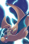 ambiguous_gender claws dipstick_ears duo ear_markings electricity flying membrane_(anatomy) membranous_wings multicolored_ears open_mouth raining wings volmise nintendo pokemon dragonite generation_1_pokemon pikachu pokemon_(species) 2019 2:3 hi_res signature