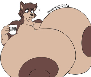 5_fingers anthro areola big_breasts blue_eyes breast_expansion breasts brown_areola brown_nipples container cup ellipsis expansion eyebrows female fingers holding_container holding_cup holding_mug holding_object huge_breasts hyper hyper_breasts looking_at_breasts looking_at_own_breasts looking_at_self mug nipples questioning_ellipsis solo text oleanderin aurora_wolfmother canid canine canis mammal wolf 2026 english_text hi_res