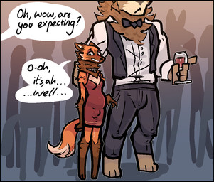 alcohol ambiguous_gender anthro beverage black_border blush bodily_fluids border bow_tie breasts bulge clothing collar container crowd cum cum_inflation cum_inside cum_on_leg cup digitigrade dipstick_tail dress drinking_glass duo_focus genital_fluids glass glass_container glass_cup gloves_(marking) group gynomorph inflation intersex larger_male leg_markings male markings multicolored_tail neck_tuft size_difference smaller_gynomorph smaller_intersex socks_(marking) speech_bubble tail tail_markings text tuft wine wine_glass jam_(artist) folf_(jam) canid canine felid lion mammal maned_wolf pantherine aliasing binary_drawing digital_drawing_(artwork) digital_media_(artwork) english_text