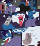 accidental_vore alcohol almost_fully_inside anthro anthro_pred beverage blue_body blue_fur champagne city cityscape clothed clothing crop_top crossgender dialogue digitigrade drinking extreme_size_difference fangs female female_pred fully_inside fur group inside_stomach internal macro macro_pred male male/female male_prey midriff mouth_shot neck_bulge open_mouth oral_vore partially_inside shirt size_difference swallowing teeth topwear uvula vore warlus new_years_eve quasi_(warlus) comic digital_media_(artwork) hi_res