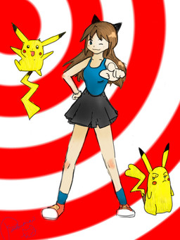 :3 accessory blue_eyes blush bottomwear brown_hair clothing female fur gesture green_eyes hair hair_accessory hair_ribbon hand_gesture human_focus male one_eye_closed pointing ribbons skirt wink yellow_body yellow_fur youtuber cybeam100 nintendo pokemon pokemon:_the_hack andrea_(pokemon:_the_hack) tamashii_hiroka generation_1_pokemon human mammal mouse murid murine pikachu pokemon_(species) rodent 3:4